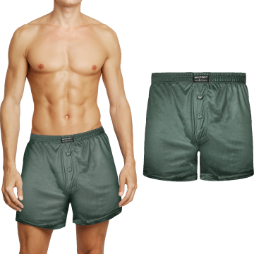 Klassieke wijde heren boxershort model 7233 in legergroen. Luxe mix van katoen en viscose, langere pijpjes, knoopgulp. Verkrijgbaar in maat M ™ XXXL