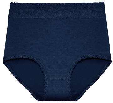 Gaubert® dames slip 9083 in blauw. Biologisch katoen, hypoallergeen, extra hoog model met kanten afwerking