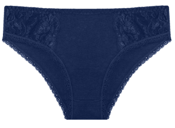 Gaubert® dames slip 9086 in blauw. Biologisch katoen, hypoallergeen, midi model met kanten afwerking